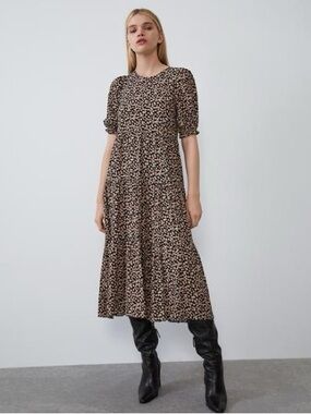 ZARA Black Floral Midi Dress Puff Sleeve Tiered Cottagecore Romantic Size M